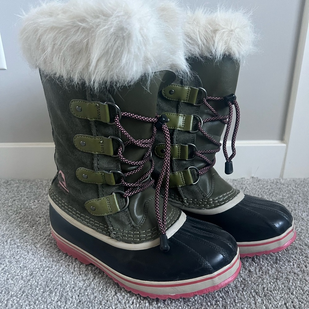 Sorel Girls Olive, Black, and Pink Waterproof Leather Snow Boots with Faux Fur